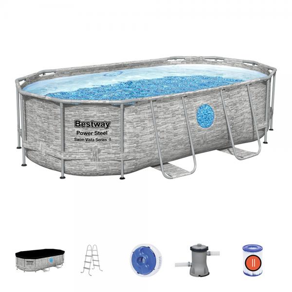 Bestway 4.27m x 2.50m x 1m Power Steel Swim Vista Oval Pool Set with 530gal Cartridge Filter - 56715 Bestway 4.27m x 2.50m x 1m Power Steel Swim Vista Oval Pool Set with 530gal Cartridge Filter - 56715