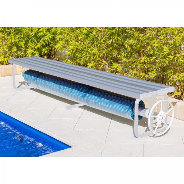 Daisy Under Bench Pool Cover Roller - Clear Anodised - Solar Powered Daisy Under Bench Pool Cover Roller - Clear Anodised - Solar Powered