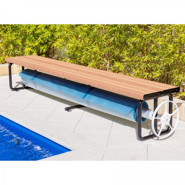 Daisy Under Bench Pool Cover Roller - Light Oak - Solar Powered Daisy Under Bench Pool Cover Roller - Light Oak - Solar Powered