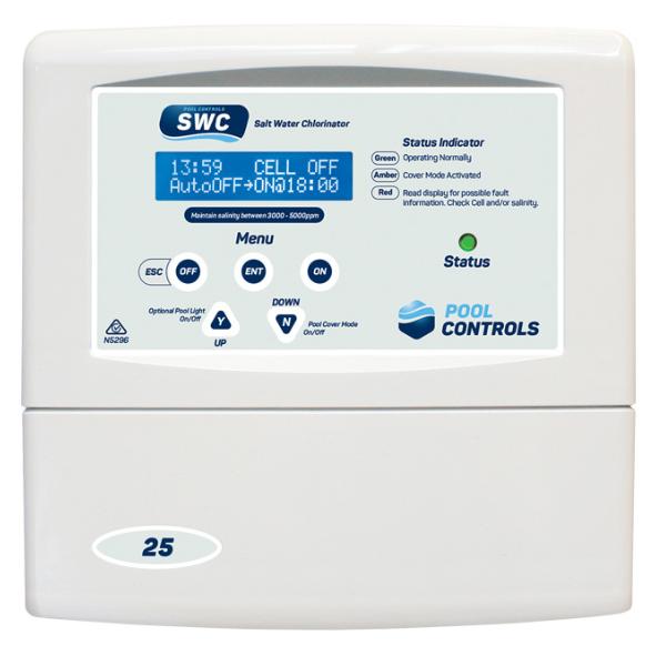Pool Controls SWC25T - 25 g/h Self Cleaning Salt Water Chlorinator w. Light Transformer Pool Controls SWC25T - 25 g/h Self Cleaning Salt Water Chlorinator w. Light Transformer