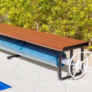 Daisy Under Bench Pool Cover Roller - Western Red Cedar - Solar Powered Daisy Under Bench Pool Cover Roller - Western Red Cedar - Solar Powered